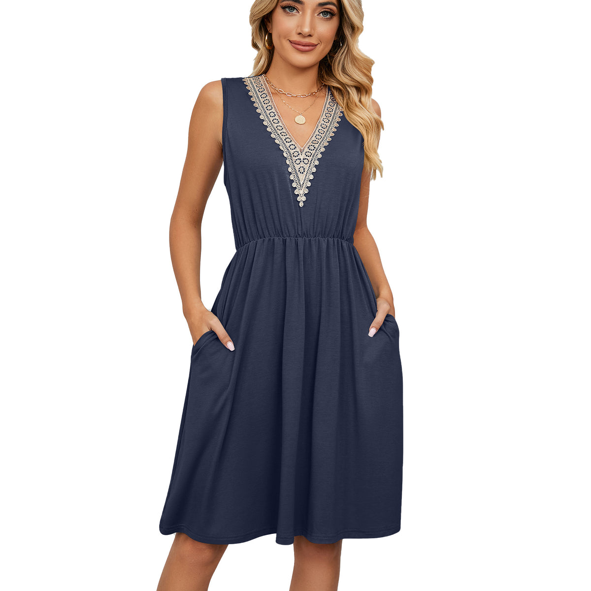 Vestido Sem Mangas com Painel de Renda, Decote em V e Bolsos Feminino