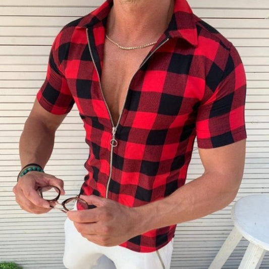 Camisa Xadrez Masculina com Zíper e Manga Curta, Roupa de Verão