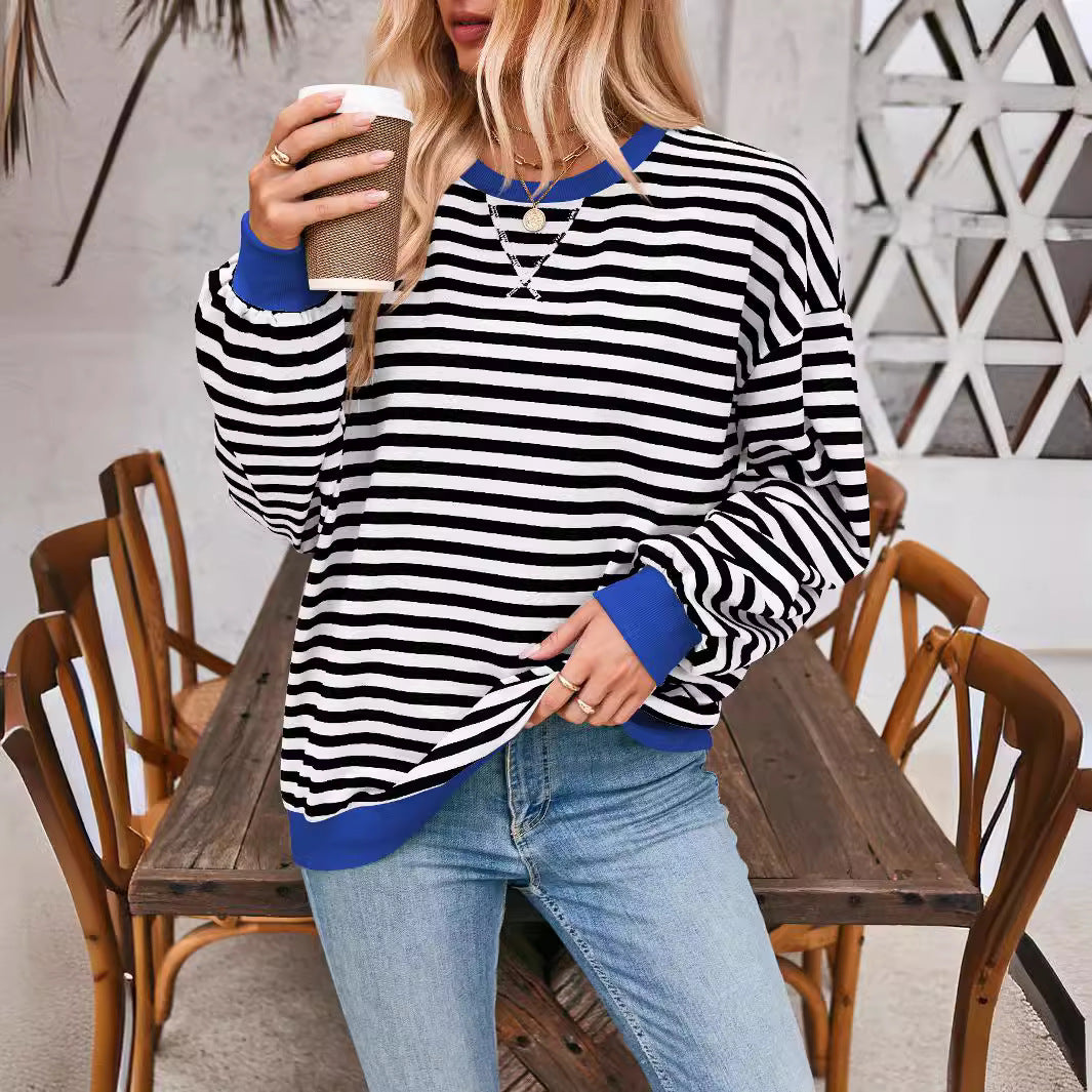 Suéter Solto Casual Listrado de Manga Longa Feminino