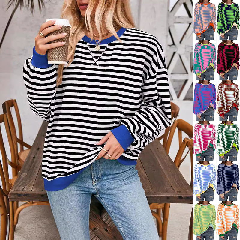 Suéter Solto Casual Listrado de Manga Longa Feminino