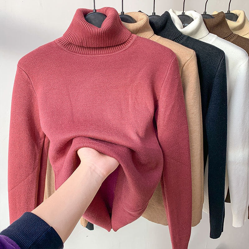 Suéter de Gola Alta com Fleece Grosso e Elegante de Tricô Feminino - Inverno
