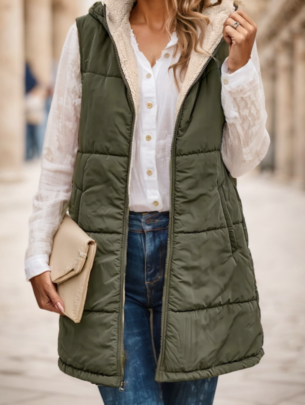 Colete Elegante Reversível com Capuz e Detalhe de Pelo Sintético
