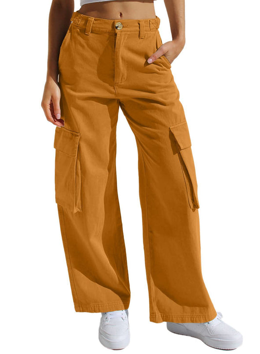 Calça Jeans Utilitária Solta Casual com Vários Bolsos Feminina