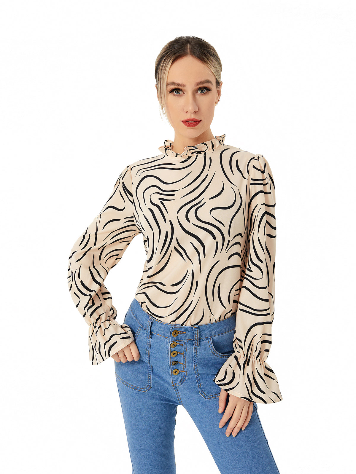 Camisa de Manga Bufante Estampada Feminina