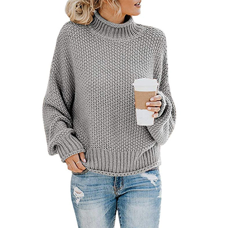 Blusa de Tricô de Gola Alta Casual de Manga Longa Feminina