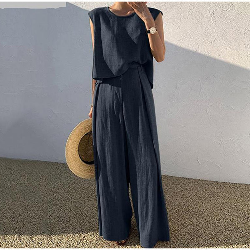 Conjunto de Duas Peças de Algodão e Linho com Blusa Sem Mangas e Calça Pantalona