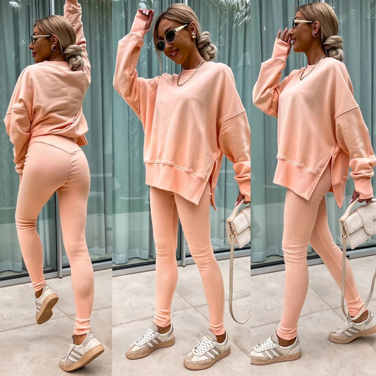 Conjunto Casual de Suéter Solto de Manga Longa Gola Redonda e Calça Justa Feminino
