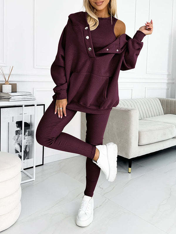 Conjunto Esportivo 3 Peças com Moletom com Capuz Solto, Colete e Calça Slim Feminino