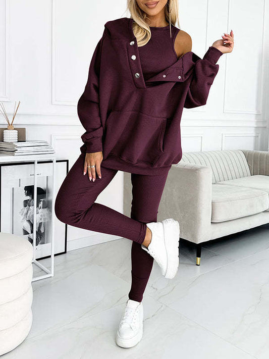 Conjunto Esportivo 3 Peças com Moletom com Capuz Solto, Colete e Calça Slim Feminino