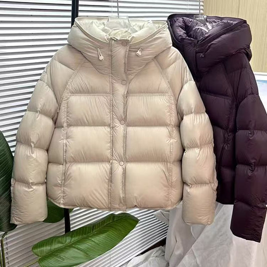 Jaqueta Acolchoada Curta Solta com Capuz e Efeito Puffer Lisa - Outono e Inverno