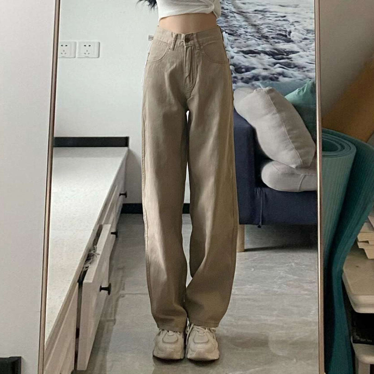 Calça Jeans Pantalona de Cintura Alta Retrô Solta Reta