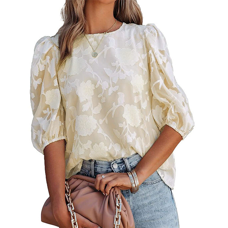 Blusa Solta de Chiffon com Manga Bufante e Textura Floral Feminina