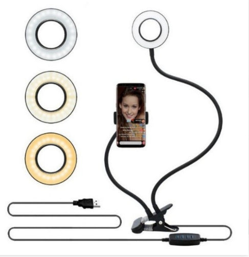 Anel de Luz LED para Selfie e Transmissões, Ajustável, Luz de Maquiagem com Suporte de 8 cm