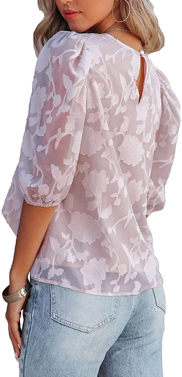 Blusa Solta de Chiffon com Manga Bufante e Textura Floral Feminina
