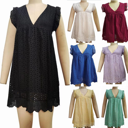 Vestido de Renda com Bolsos Sem Mangas Jacquard com Decote em V - Praia e Verão