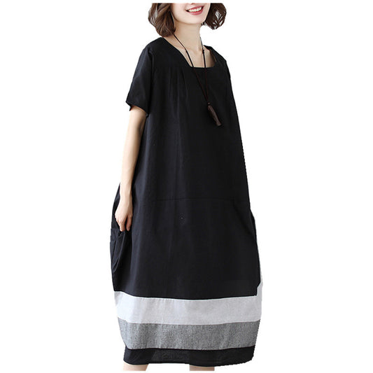Vestido de Algodão e Linho de Manga Curta Médio Plus Size Feminino