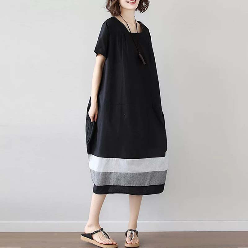 Vestido de Algodão e Linho de Manga Curta Médio Plus Size Feminino