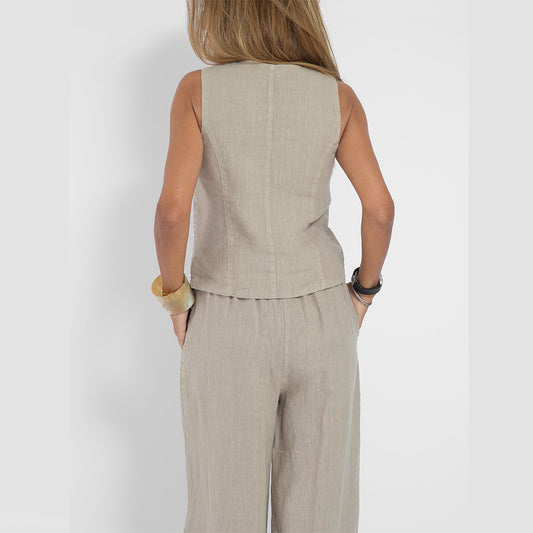 Conjunto Verão de Colete com Decote em V e Botões e Calça Reta Solta Casual Feminino