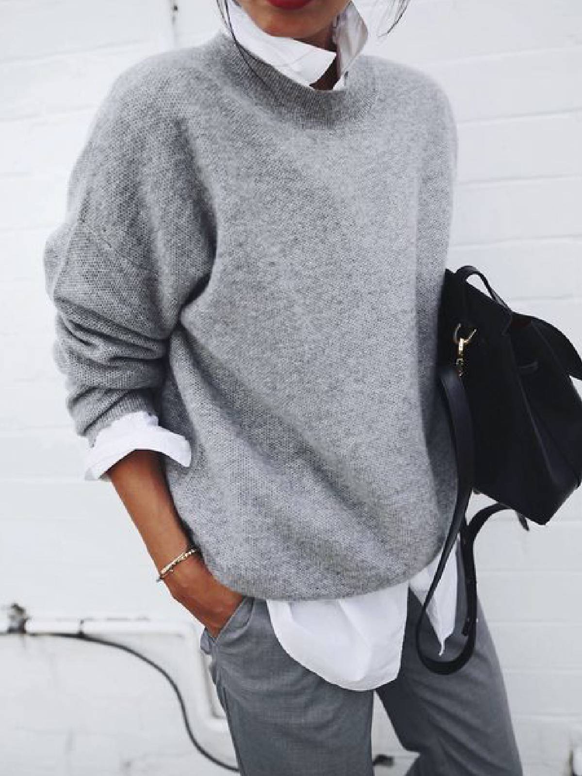 Suéter de Tricô Liso de Manga Longa Feminino - Outono e Inverno