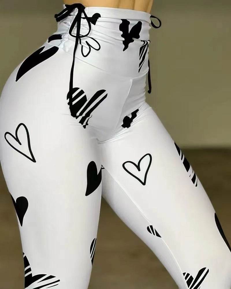 Legging Esportiva com Cordão e Estampa de Coração para Yoga e Fitness