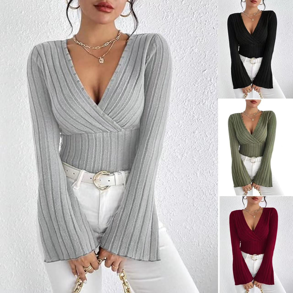Camiseta de Manga Longa com Listras em Relevo e Decote em V Feminina - Outono e Inverno