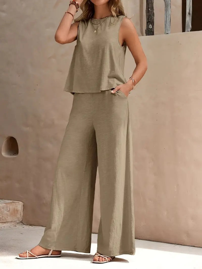 Conjunto de Calça Solta Casual Lisa de Duas Peças Elegante Feminino - Primavera e Verão