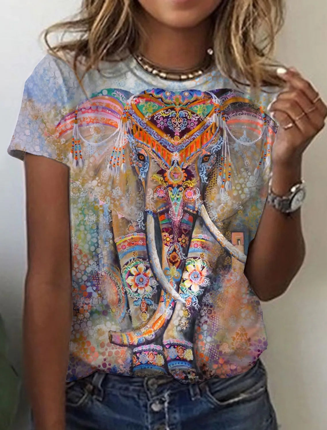 Camiseta de Manga Curta com Estampa Abstrata Retrô Feminina