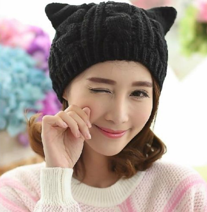 Gorro de Tricô 3D com Orelhas de Gato Artesanal - Inverno