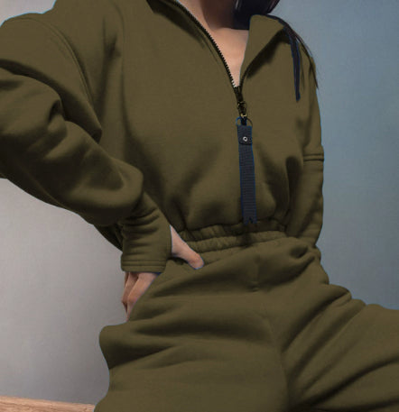 Conjunto Casual Básico de Moletom com Zíper e Cordão de Duas Peças Feminino