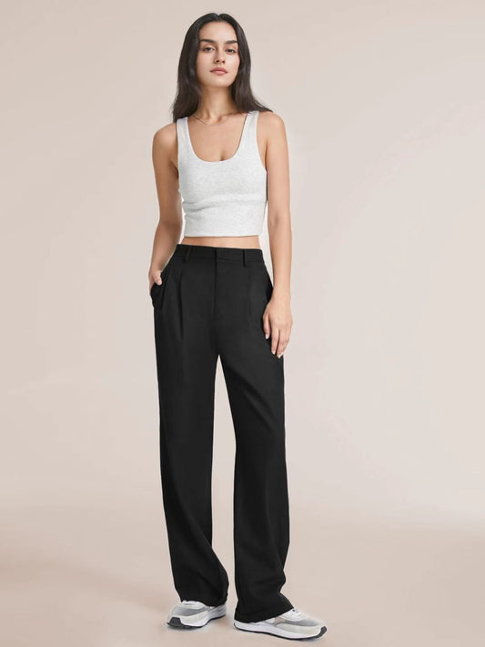 Calça Reta de Cintura Alta com Bolsos Pantalona Casual Feminina