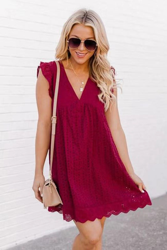 Vestido de Renda com Bolsos Sem Mangas Jacquard com Decote em V - Praia e Verão