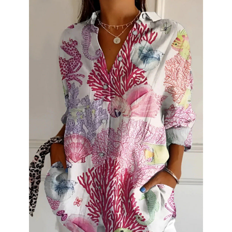 Camisa de Manga Longa Estampada Floral com Botões Feminina
