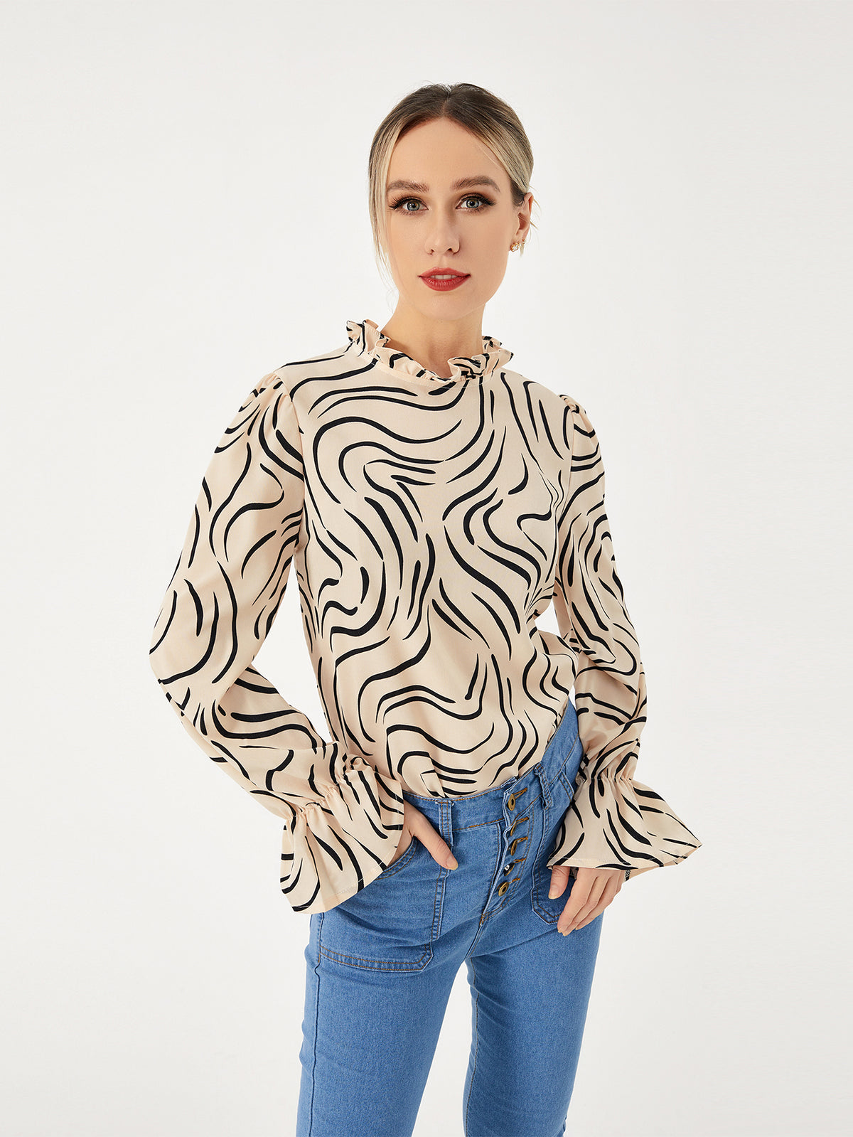 Camisa de Manga Bufante Estampada Feminina