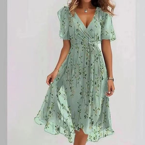 Vestido de Chiffon Estampado de Manga Curta com Decote em V Elegante Feminino - Verão