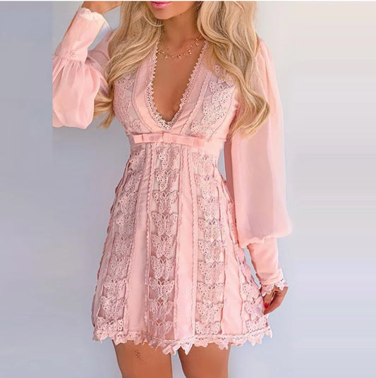 Vestido Longo Branco Elegante de Renda com Decote em V e Manga Bufante Feminino