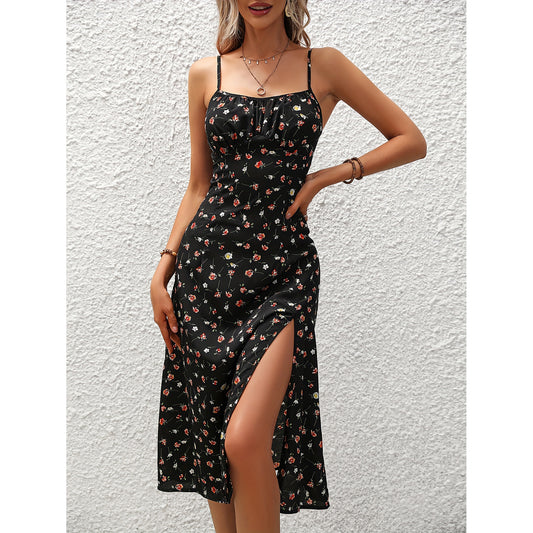 Vestido Longo de Alças com Estampa de Bolinhas e Fenda Feminino - Verão