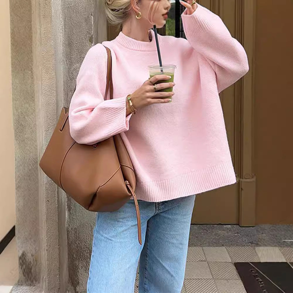 Suéter Fofo com Gola Redonda Solto de Manga Longa Feminino - Inverno