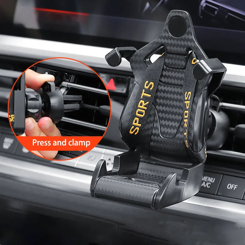Suporte de Celular para Carro Formato de Banco de Corrida, com Clipe para Saída de Ar e Rotação de 360°, para o Interior do Veículo