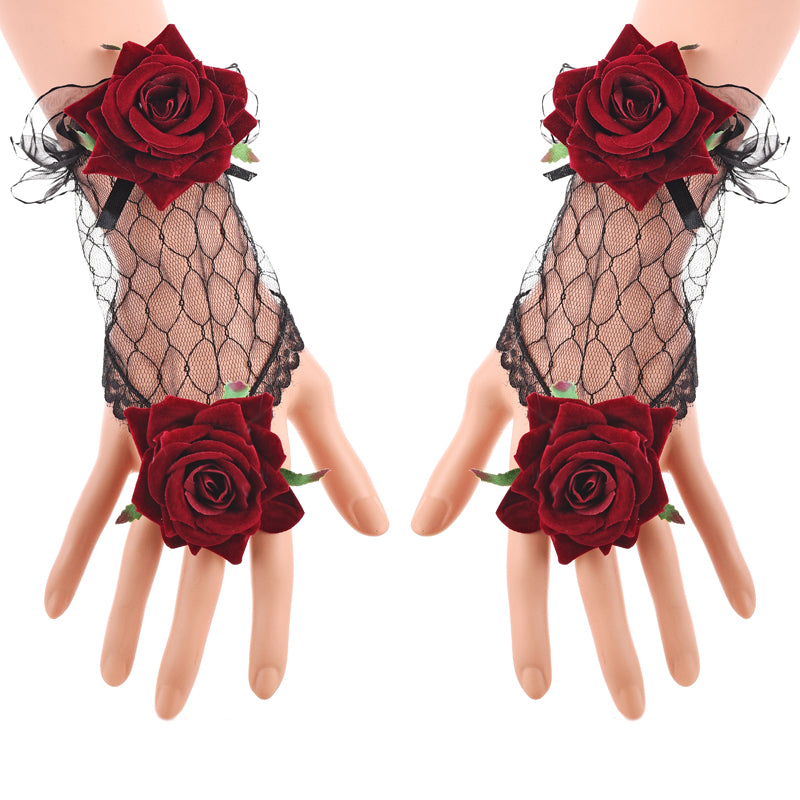Luvas de Renda Estilo Lolita Vintage com Rosa Vinho