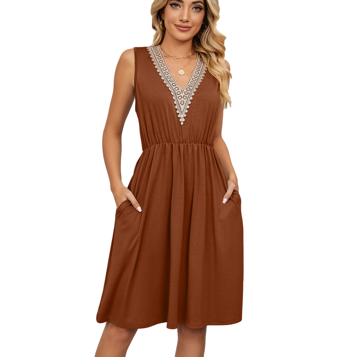 Vestido Sem Mangas com Painel de Renda, Decote em V e Bolsos Feminino