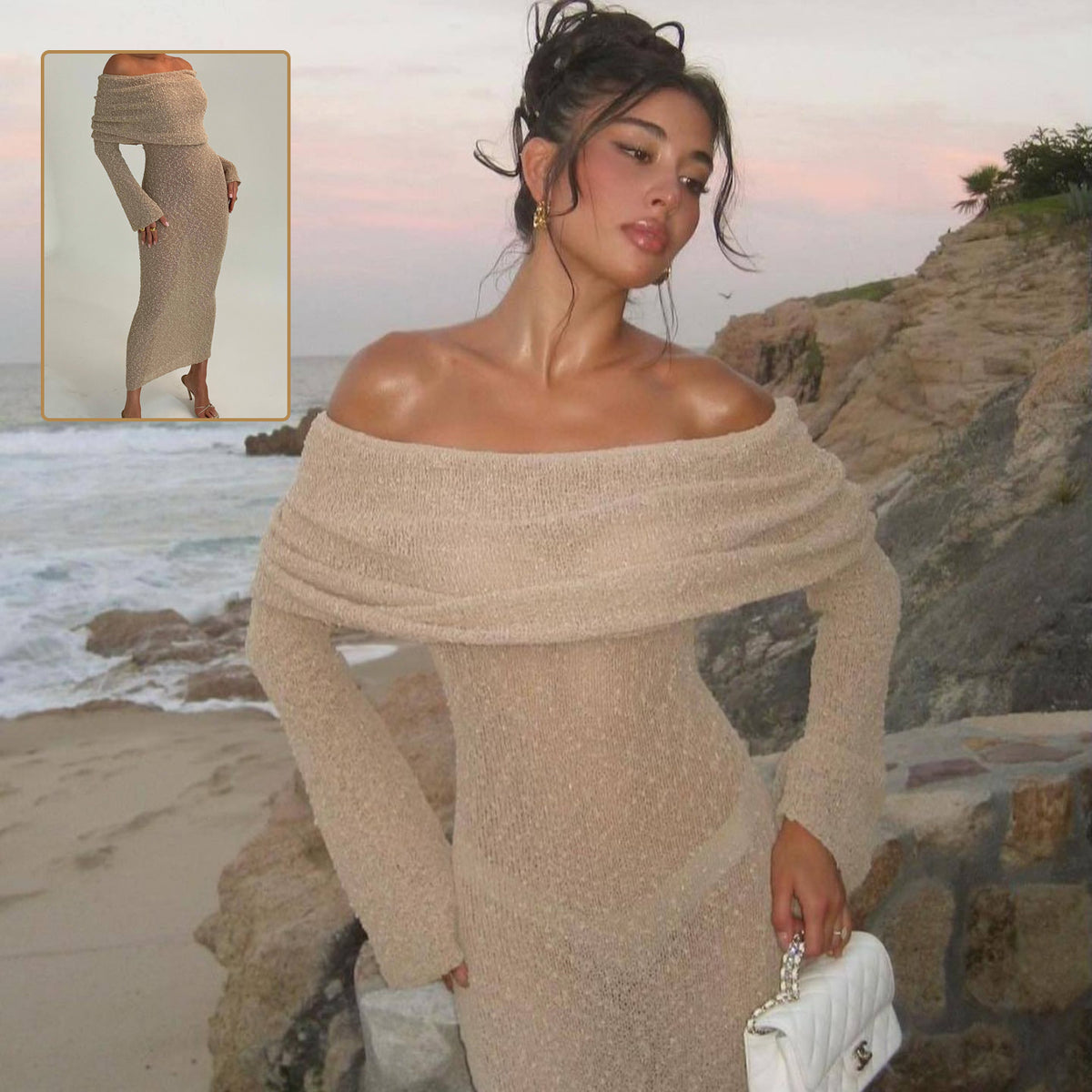 Vestido Longo de Tricô Ombro Único de Manga Longa Feminino - Praia e Férias