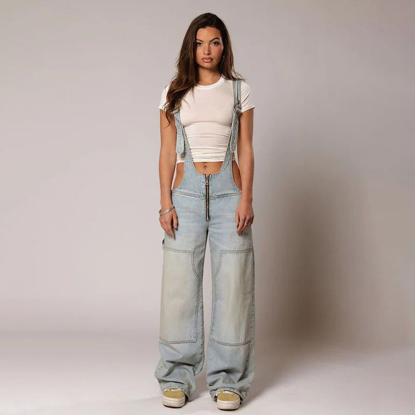 Macacão Jeans Y2K com Zíper e Bolsos Solto Estilo Street
