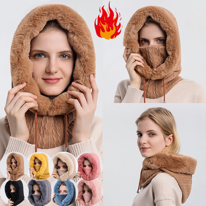 Gorro de Pelúcia Grosso com Cachecol e Capuz à Prova de Vento Feminino - Inverno