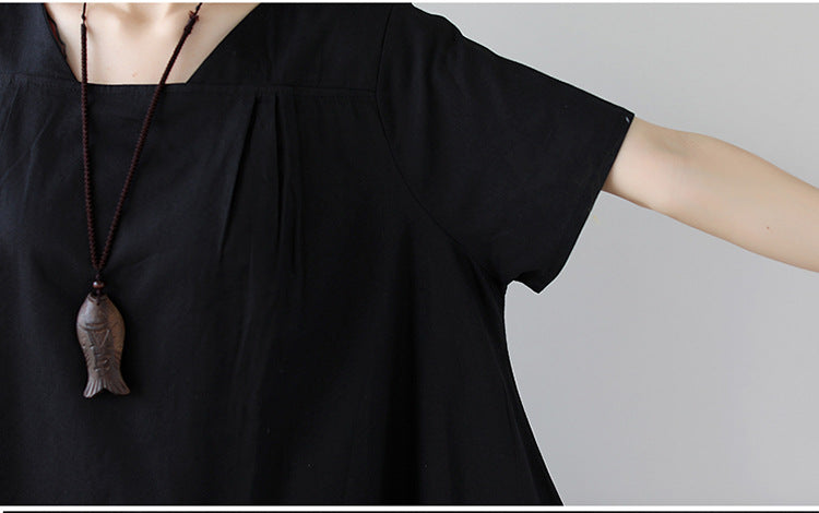 Vestido de Algodão e Linho de Manga Curta Médio Plus Size Feminino