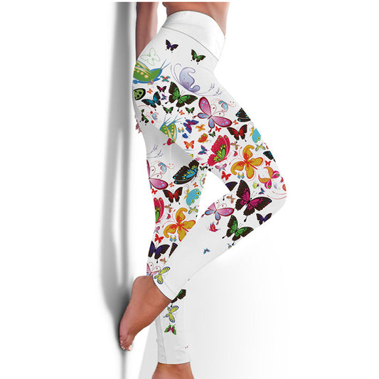 Legging de Cintura Alta Estampada com Flores e Borboletas para Yoga