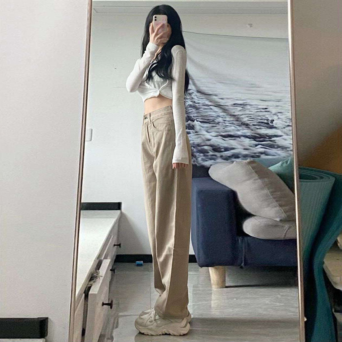 Calça Jeans Pantalona de Cintura Alta Retrô Solta Reta