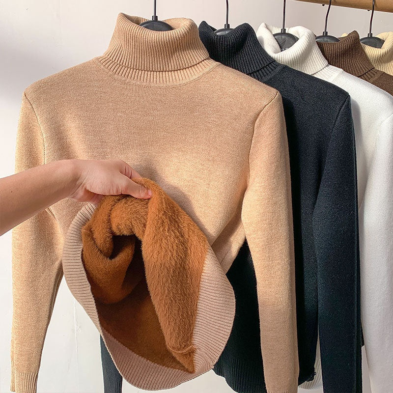Suéter de Gola Alta com Fleece Grosso e Elegante de Tricô Feminino - Inverno
