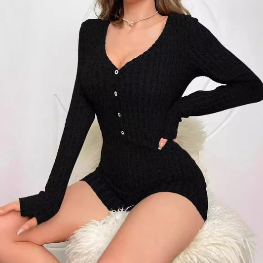 Macacão Slim de Tricô Canelado Casual Feminino