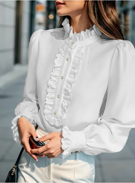 Camisa de Manga Longa com Gola Alta e Barra em Babados Moderna
