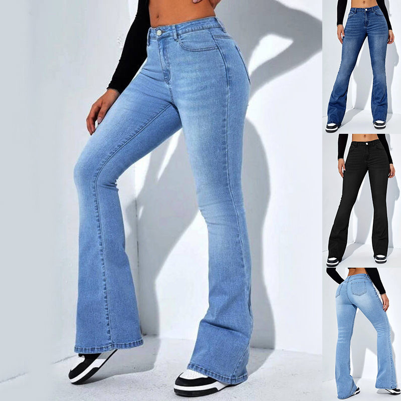 Calça Jeans Slim Flare de Cintura Alta Casual Elástica Feminina